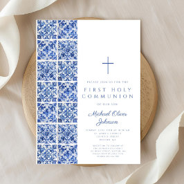 Invitación Azulejos Azules Mediterráneos Primera Comunión Niñ