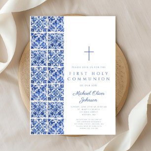 Invitación Azulejos Azules Mediterráneos Primera Comunión Niñ