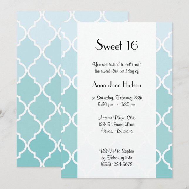 Invitación Azulejos azules, Ombre, Quatrefoil, Dulce 16 (Anverso / Reverso)