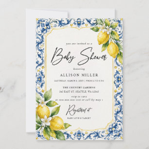 Invitación Azulejos Azules Sicilianos Limón Amarillo Fiesta d