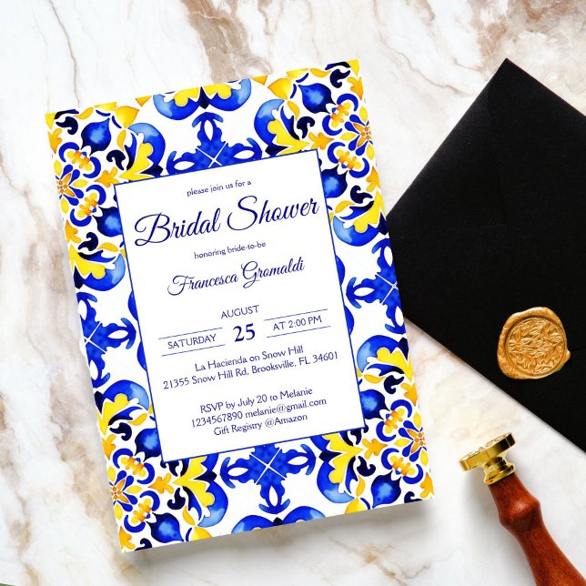 Invitación Azulejos azules Talavera ducha de novia mexicana (Talavera azulejo blue yellow tiles vintage Mexican bridal shower Invitation editable template )