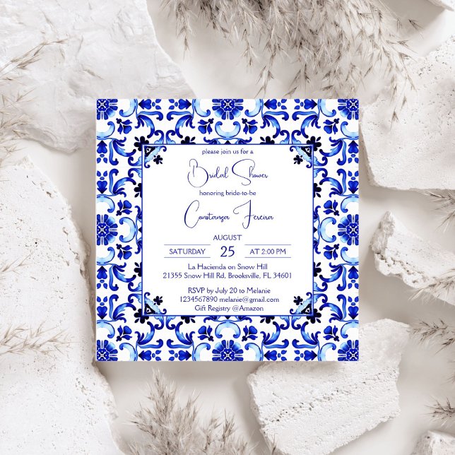 Invitación Azulejos azules Talavera ducha de novia mexicana (Talavera azulejo blue tiles Mediterranian Italian vintage  Mexican bridal shower Invitation template)