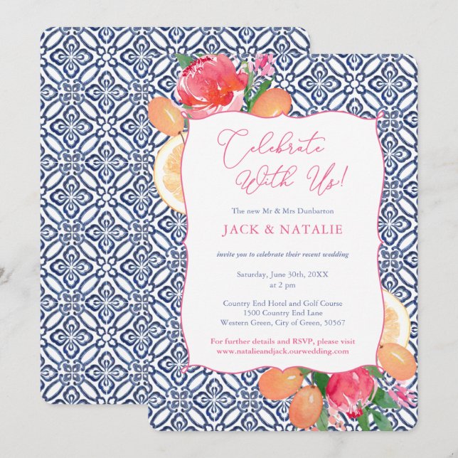 Invitación Azulejos azules Vivid Florals Citrus Celebran Con  (Anverso / Reverso)