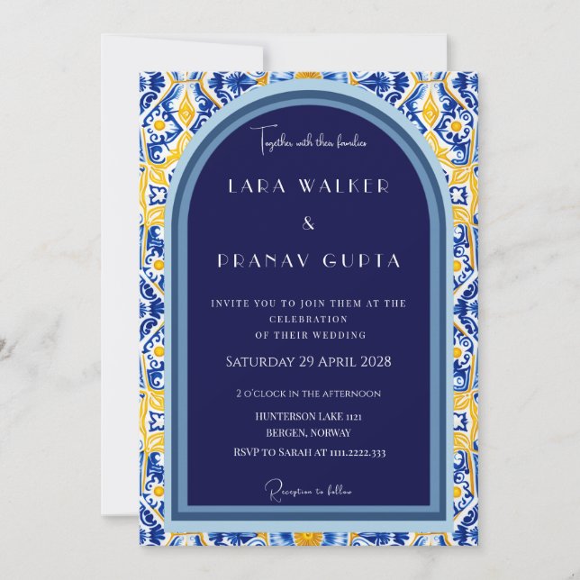 Invitación Azulejos Azules y Amarillos atrevidos y elegantes (Anverso)
