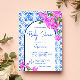 Invitación Azulejos azules y Baby Shower elegante de Bougainv