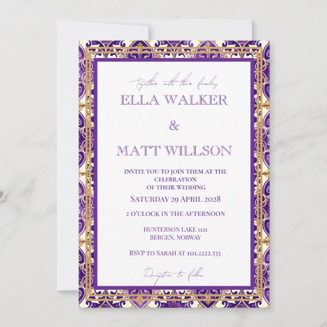 Invitación Azulejos de boda primaveral morada inspirada en It (Anverso)
