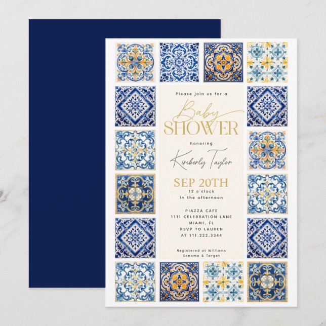 Invitación Azulejos de color amarillo azul Baby Shower italia (Anverso / Reverso)