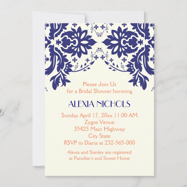 Invitación Azulejos de la marina Damask, boda de coral ducha  (Anverso)