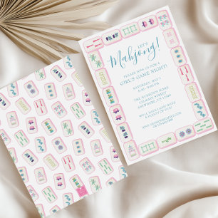 Invitación Azulejos de Mahjong de acuarela rosa y verde Fiest