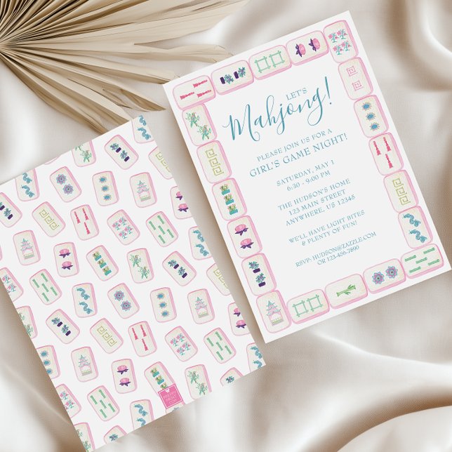 Invitación Azulejos de Mahjong de acuarela rosa y verde Fiest (Mahjong Invitation)
