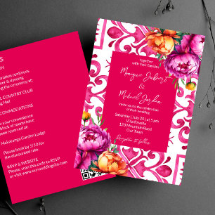 Invitación Azulejos de mayólica fucsia peonías naranjas todo