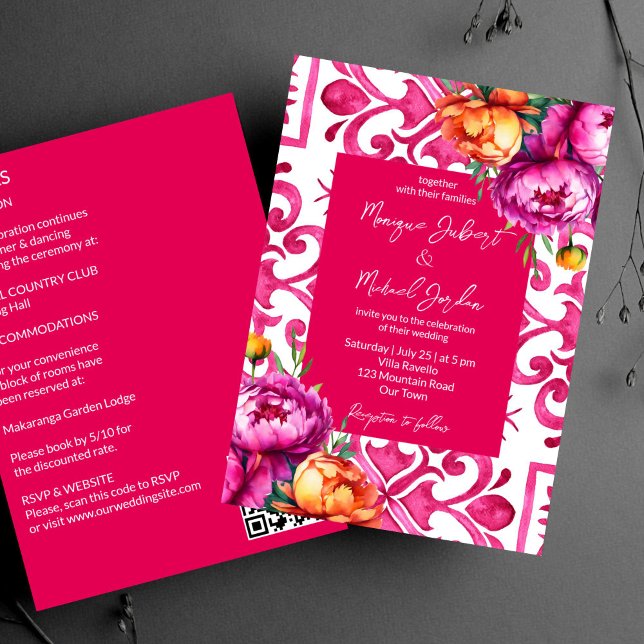 Invitación Azulejos de mayólica fucsia peonías naranjas todo  (Fuchsia Majolica tiles orange pink peonies all in one template Invitation digital download QR RSVP)