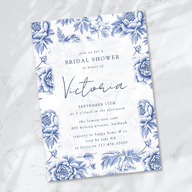 Invitación Azulejos de porcelana azul Floral Bridal Shower (Subido por el creador)