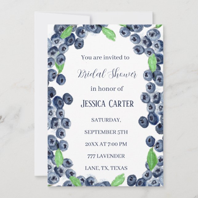 Invitación Azulejos frutales de arándano acuarela Boho Bridal (Anverso)