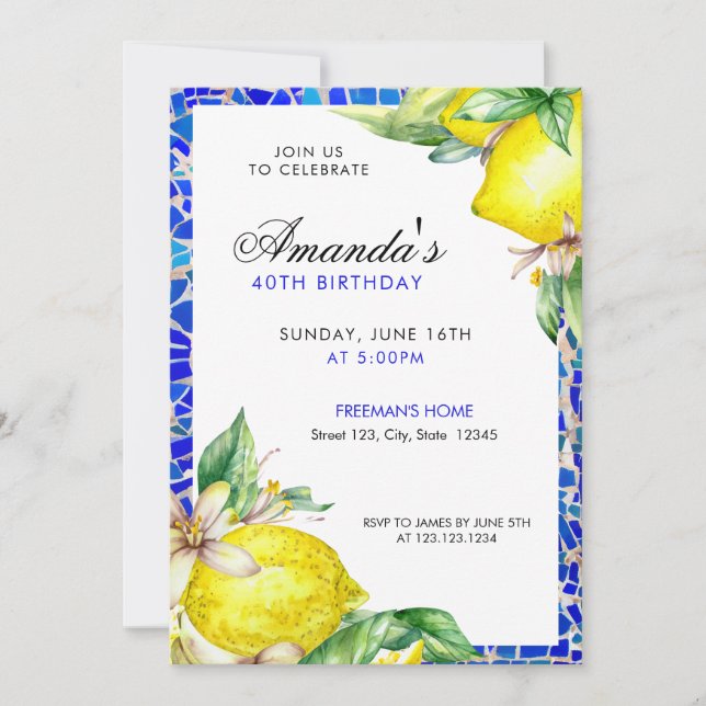 Invitación Azulejos mediterráneos de color azul y limón amari (Anverso)