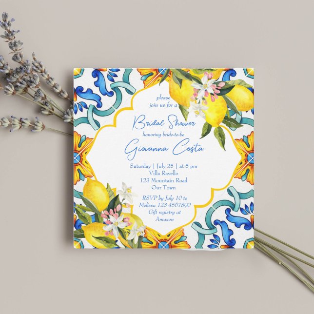 Invitación Azulejos mediterráneos de mayólica limones despedi (Mediterranean Majolica blue yellow tiles lemons bridal shower Invitation template instant download)