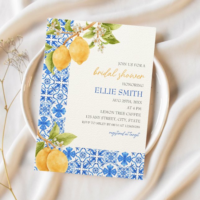 Invitación Azulejos mediterráneos Italia Lemon Bridal Ducha (That's Amore | Mediterranean Tiles Italy Lemons Bridal Shower)