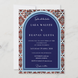 Invitación Azulejos Rojo Y Azul De Lujo