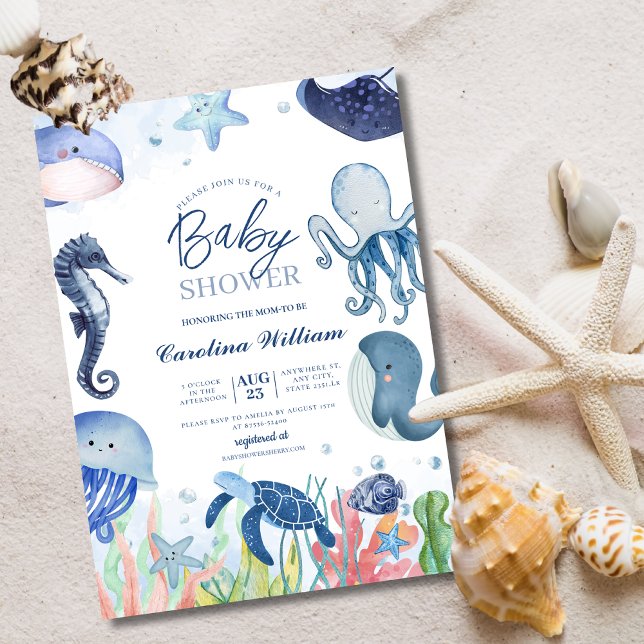Invitación Azules acuáticos bajo la ducha de bebé del mar (Subido por el creador)