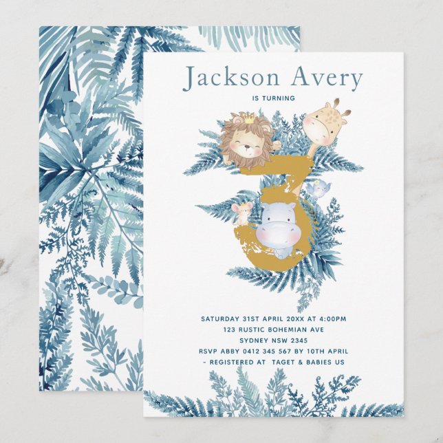 Invitación Azules Animales Safari 3 cumpleaños (Anverso / Reverso)