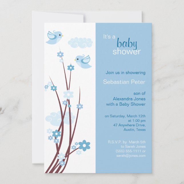 Invitación Azules Aves Primavera Flores Baby Shower (Anverso)