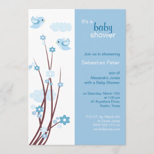 Invitación Azules Aves Primavera Flores Baby Shower