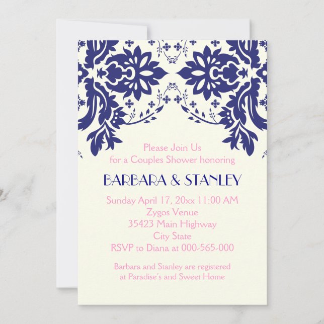 Invitación Azules de la marina de Damasco, parejas de boda ro (Anverso)