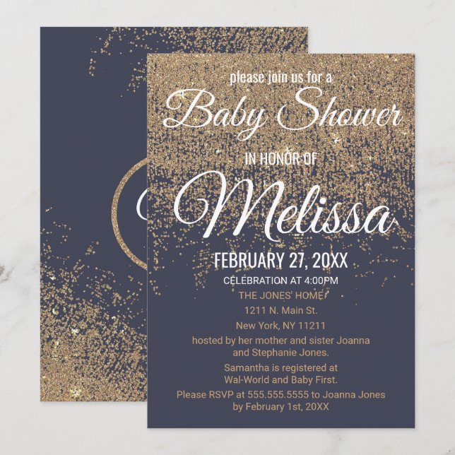 Invitación Azules marinos Baby Shower de las chispas del (Anverso / Reverso)