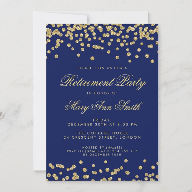 Invitación Azules marinos del confeti del purpurina del oro (Anverso)