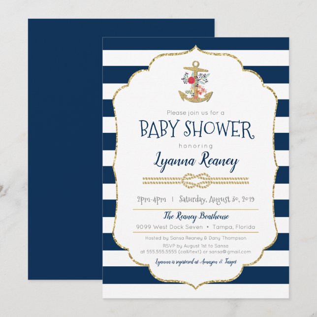 Invitación Azules marinos florales náuticos Baby Shower del (Anverso / Reverso)