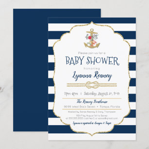 Invitación Azules marinos florales náuticos Baby Shower del