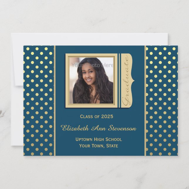 Invitación Azules marinos, lunares del oro, foto de la (Anverso)