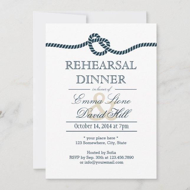 Invitación Azules marinos que atan la cena del ensayo del (Anverso)