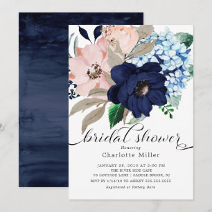 Invitación Azules marinos y ducha nupcial de las flores de