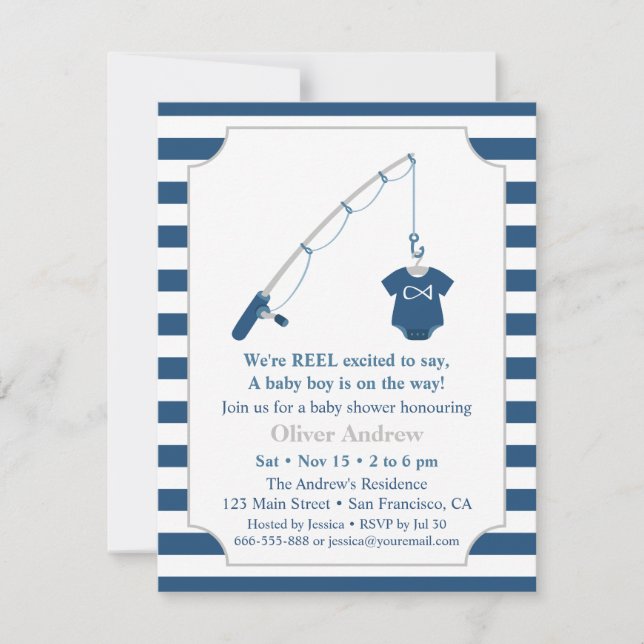 Invitación Azules marinos y gris que pescan Baby Shower (Anverso)