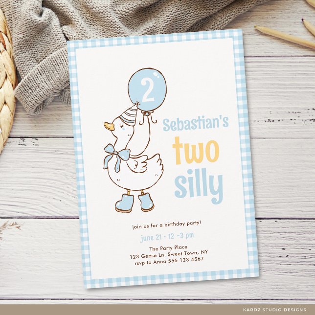 Invitación Azules Niños Dos Ganso Tonto Cumpleaños 2 (The front of the invitation is shown in a 5x7-inch size. Choose size, paper, and corner sty)