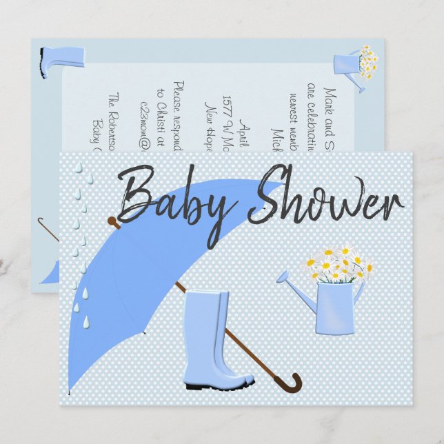 Invitación Azules paraguas del muchacho de Baby Shower y (Anverso / Reverso)