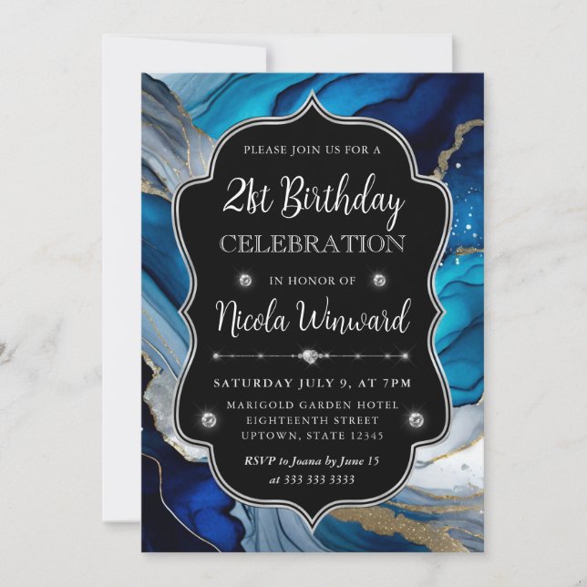 Invitación Azules, Plata y Oro Tinta de Alcohol 21º cumpleaño (Anverso)