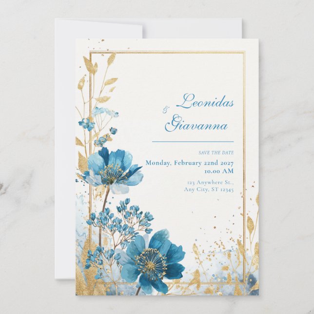 Invitación Azure Blooms & Gold Leaf Watercolor Boda (Anverso)