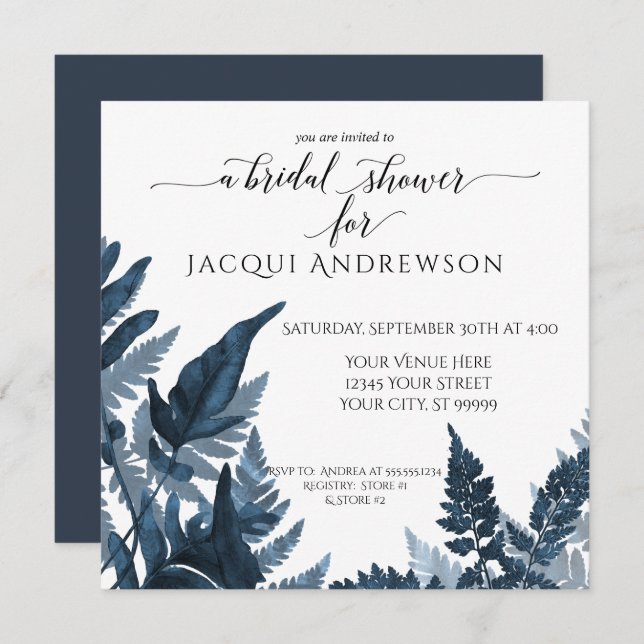 Invitación Azure Blue Fern Foliage Botanage Bridal Shower (Anverso / Reverso)