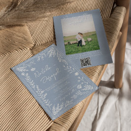 Invitación Azure Blue Floral Botanical QR Code Photo Wedding