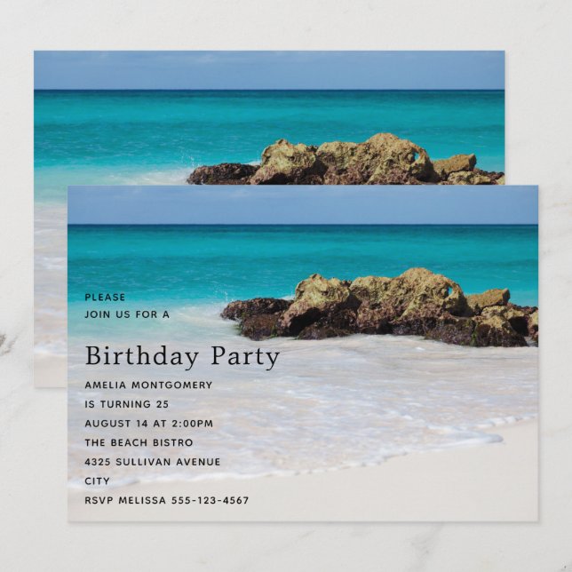 Invitación Azure Ocean Sandy Beach Photo Birthday (Anverso / Reverso)