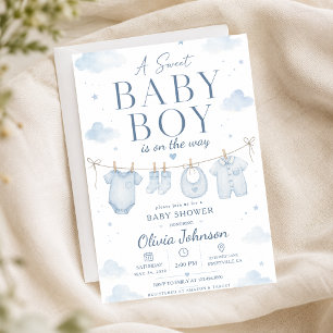 Invitación Azuul Acuarela Un Dulce Niño Baño Elegante
