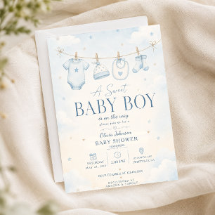 Invitación Azuul Acuarela Un Dulce Niño Baño Elegante