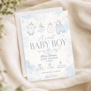 Invitación Azuul Acuarela Un Dulce Niño Baño Elegante