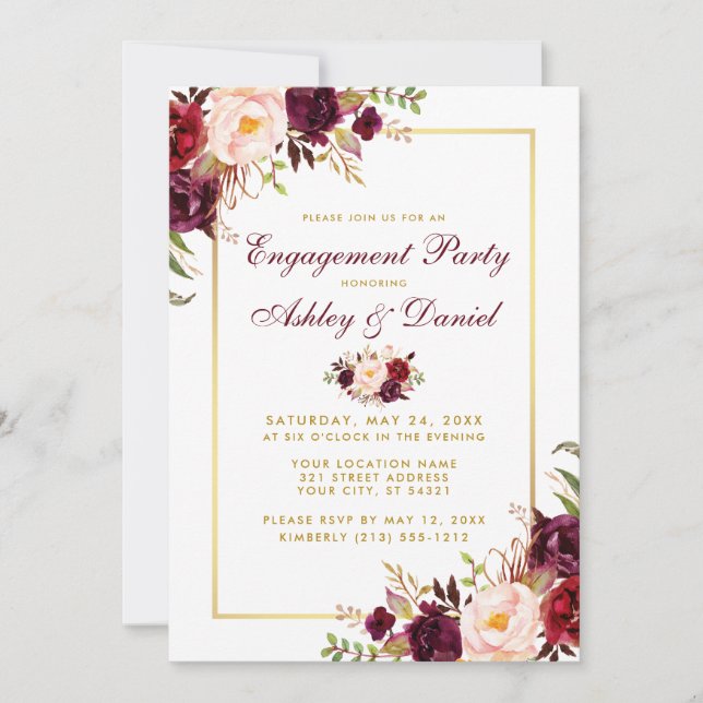 Invitación B a Boda de Burgundy Floral Gold (Anverso)