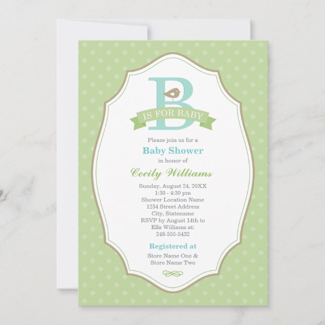Invitación B es para la ducha neutral de género verde para be (Anverso)