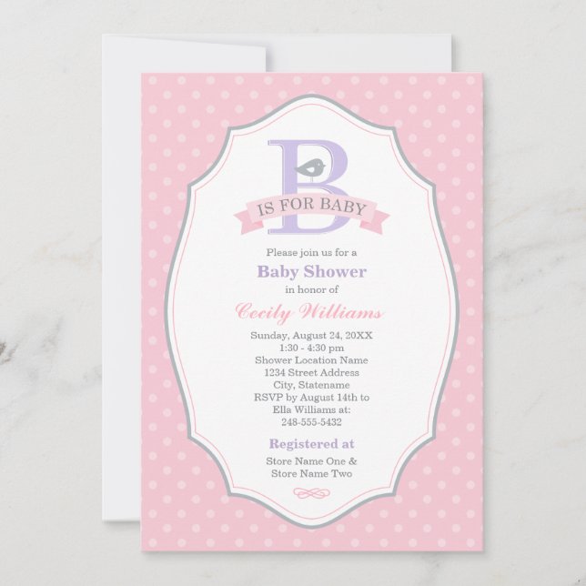 Invitación B es para Pastel de Rosa Bebé Niña Baby Shower (Anverso)