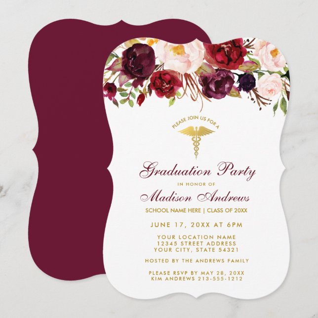 Invitación B Fiesta del Grado Médico Floral Burgun (Anverso / Reverso)