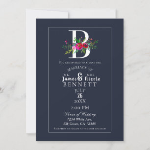 Invitación B Monograma Inicial Moderna Floral Azul Boda